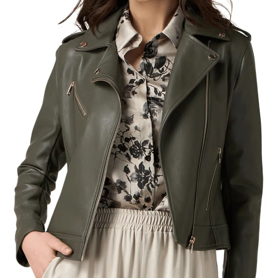 Anna Army Green Leather Biker Jacket