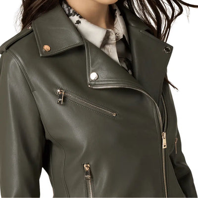 Anna Army Green Leather Biker Jacket
