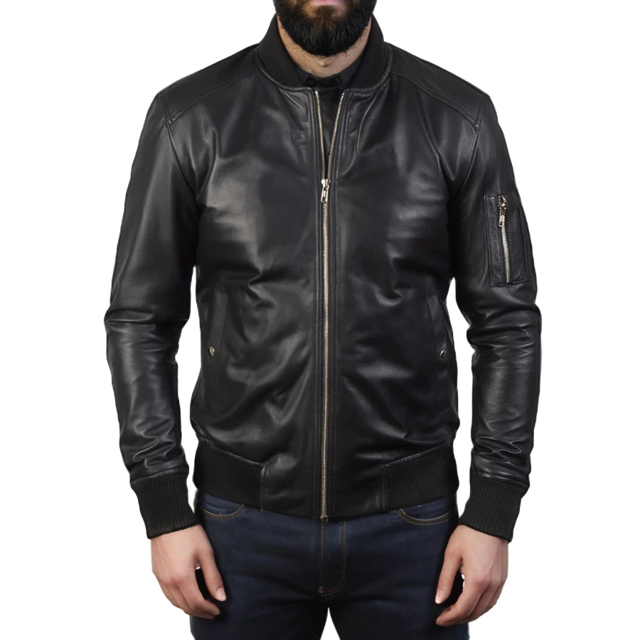 Blaze Ma-1 Black Leather Bomber Jacket