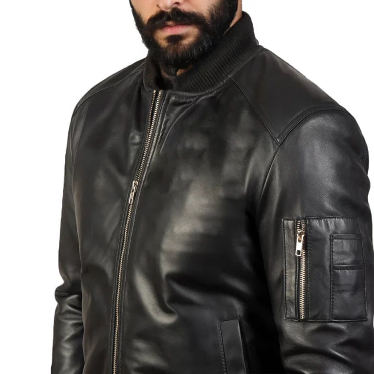 Blaze Ma-1 Black Leather Bomber Jacket