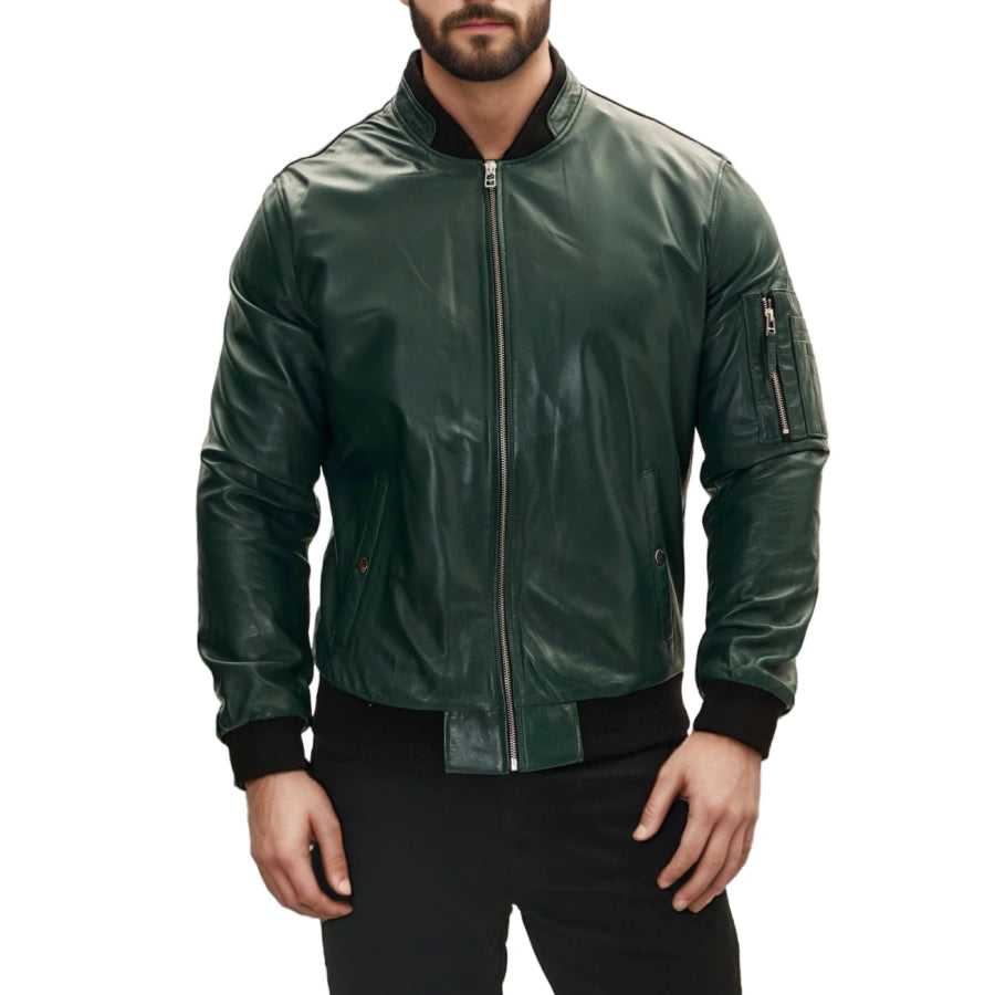 Blaze Ma-1 Green Leather Bomber Jacket