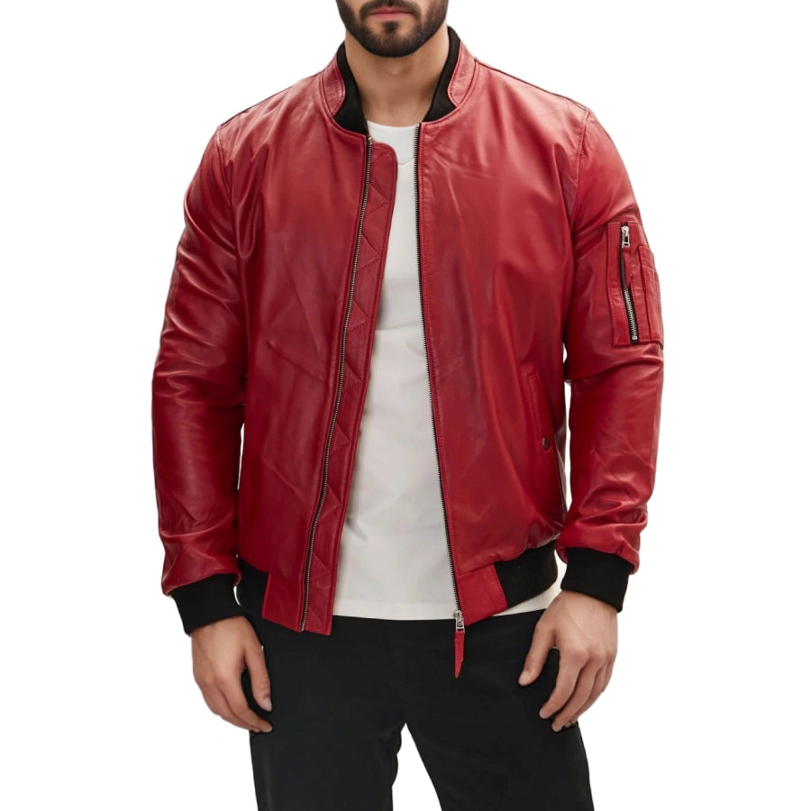 Blaze Ma-1 Red Leather Bomber Jacket