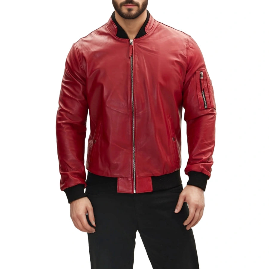 Blaze Ma-1 Red Leather Bomber Jacket