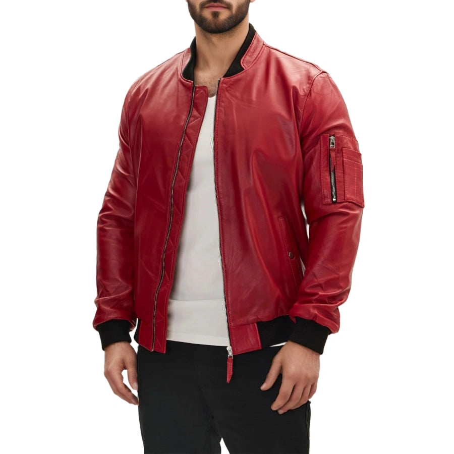 Blaze Ma-1 Red Leather Bomber Jacket