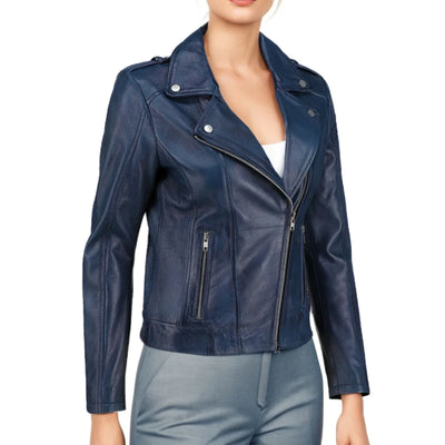 Cleo Blue Leather Biker Jacket