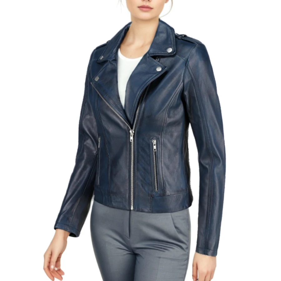 Cleo Blue Leather Biker Jacket