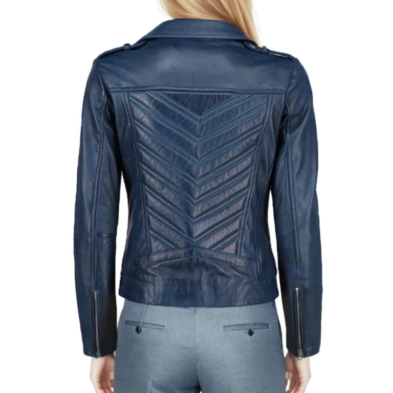 Cleo Blue Leather Biker Jacket