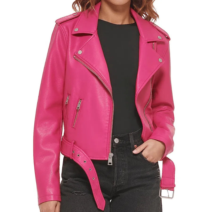 Emilia Pink Leather Biker Jacket