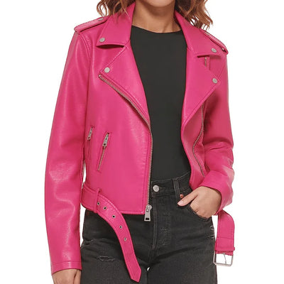 Emilia Pink Leather Biker Jacket