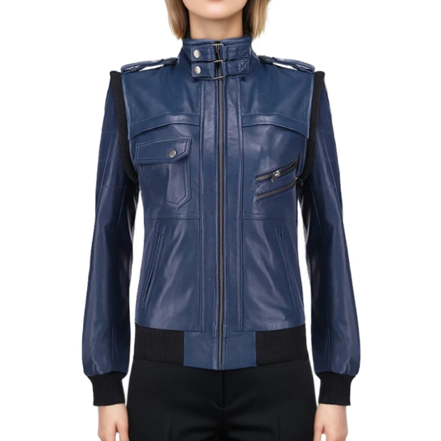 Hazel Blue Hooded Leather Biker Jacket
