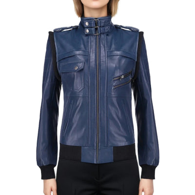 Hazel Blue Hooded Leather Biker Jacket