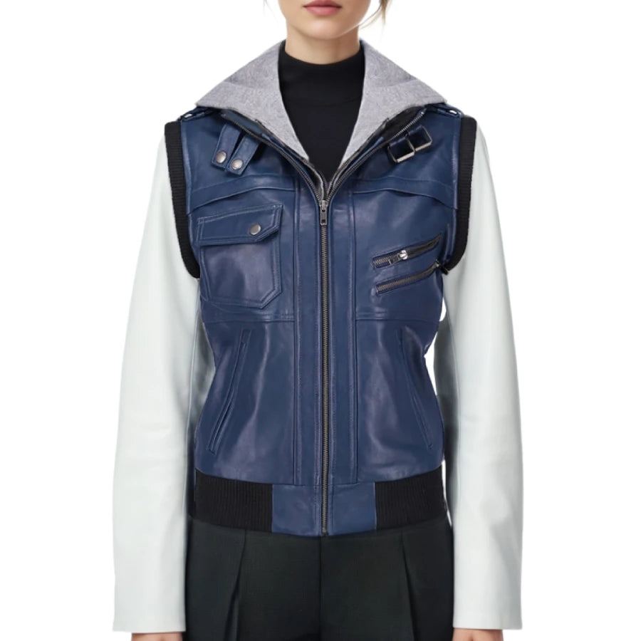 Hazel Blue Hooded Leather Biker Jacket