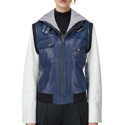 Hazel Blue Hooded Leather Biker Jacket