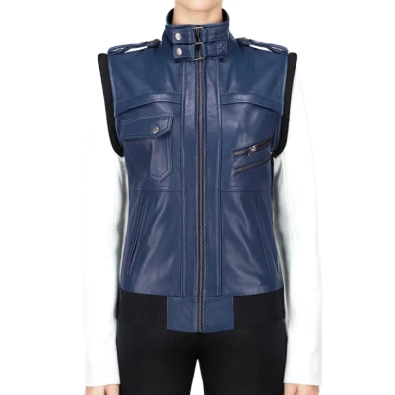 Hazel Blue Hooded Leather Biker Jacket