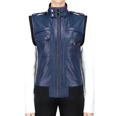 Hazel Blue Hooded Leather Biker Jacket