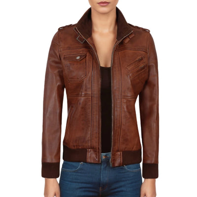 Scarlett Brown Hooded Leather Bomber Jacket