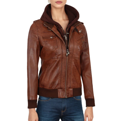 Scarlett Brown Hooded Leather Bomber Jacket
