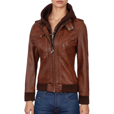 Scarlett Brown Hooded Leather Bomber Jacket