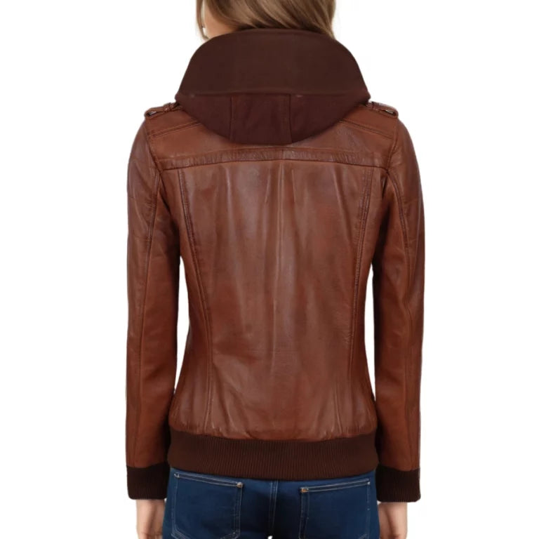 Scarlett Brown Hooded Leather Bomber Jacket