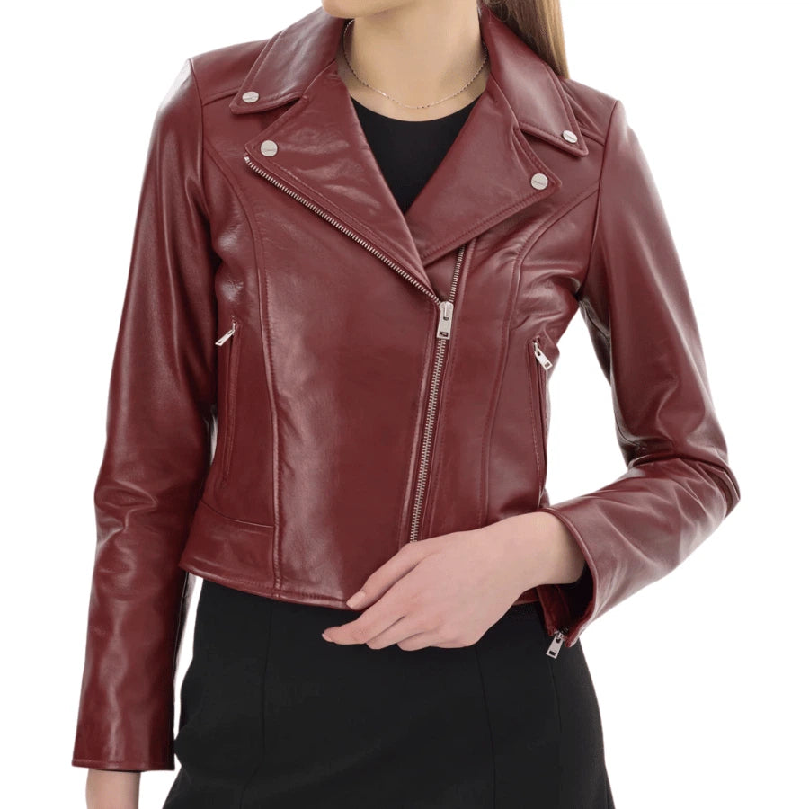 Zoey Burgundy Leather Biker Jacket