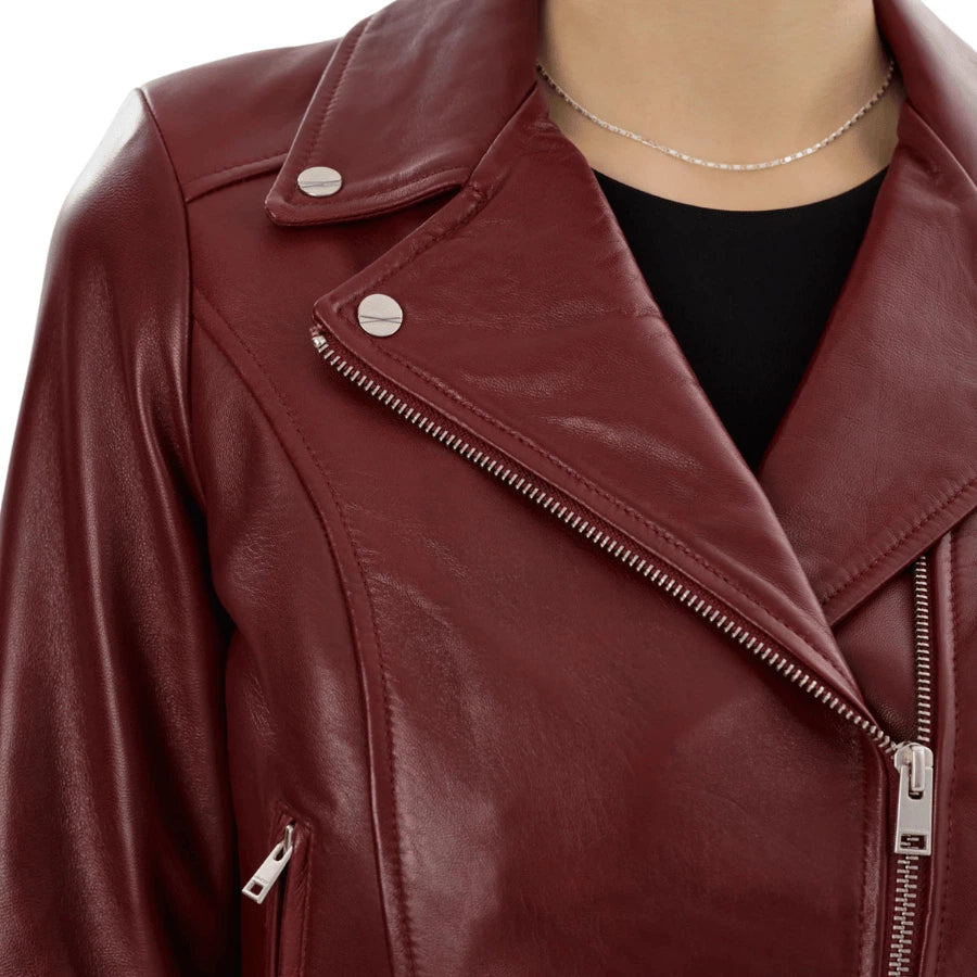 Zoey Burgundy Leather Biker Jacket